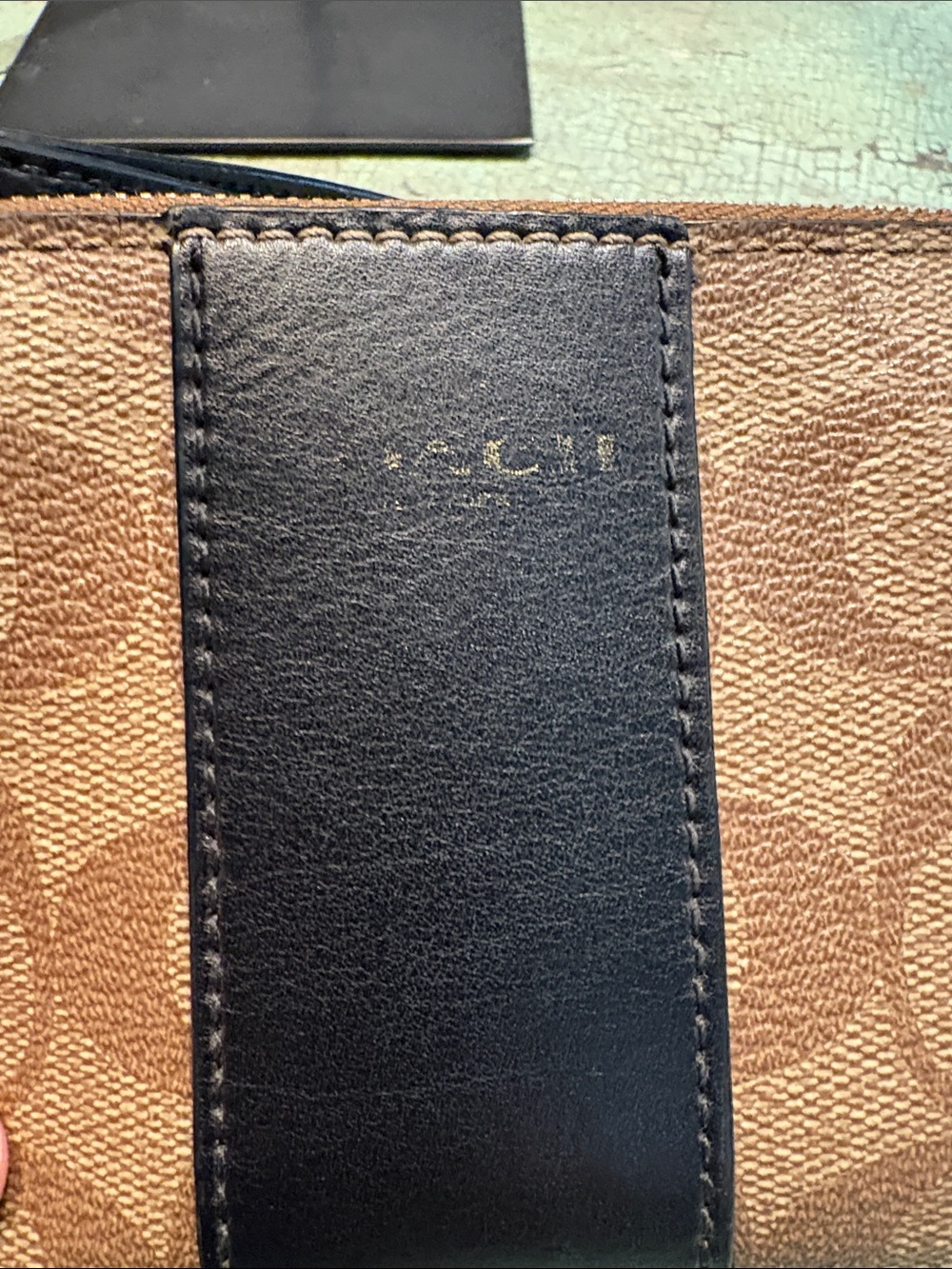 Coach Signature Canvas Black Leather Stripe Zip Wristlet Wallet - Picture 3 of 6